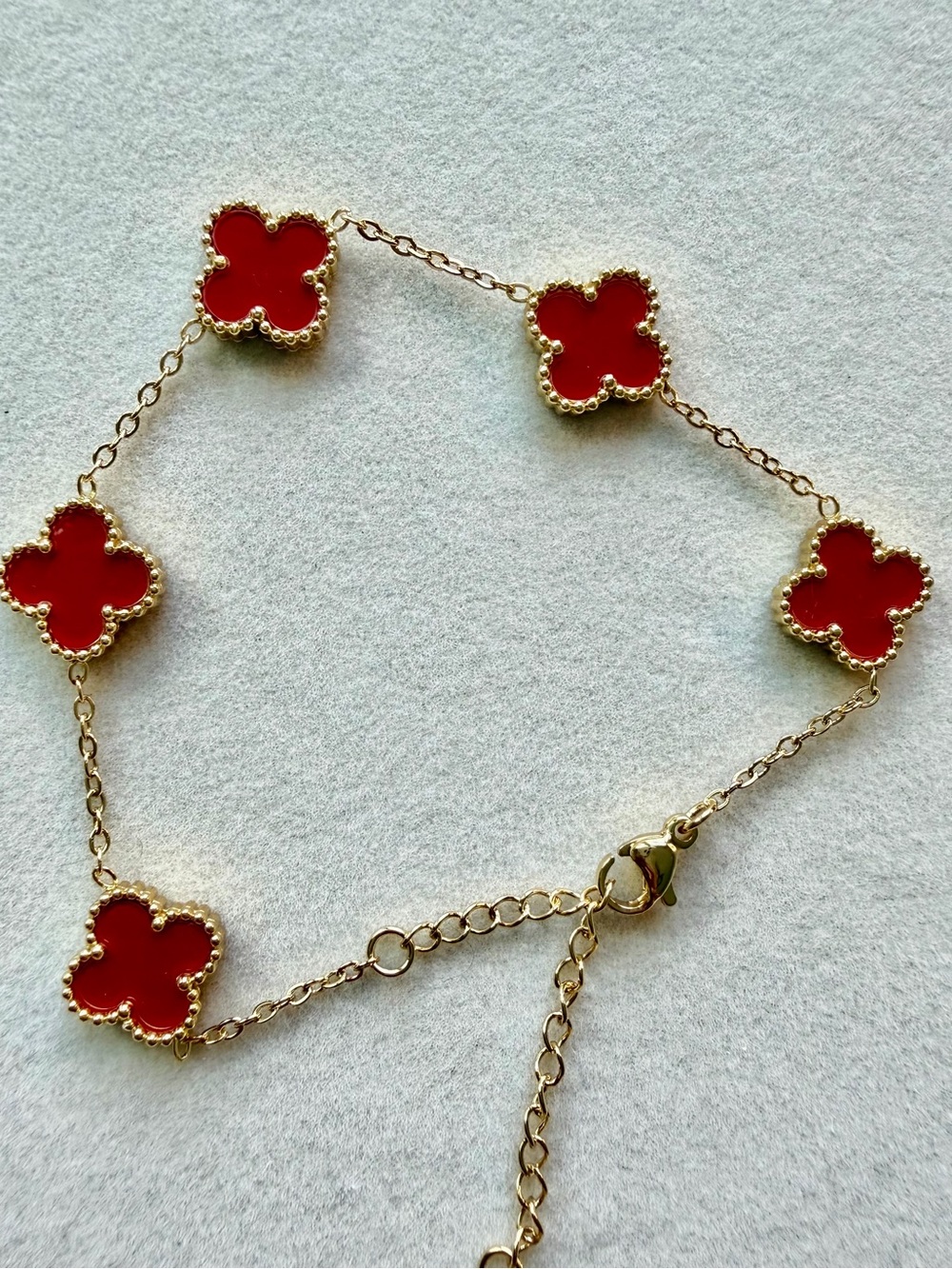 18K Gold Plated Red Clover Charm Bracelet Non Tarnish